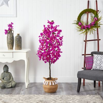 Image showing  5 ft. Artificial Bougainvillea Tree with Handmade Jute & Cotton Basket with Tassels, Purple