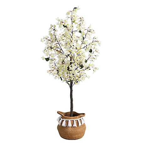Nearly Natural 5 ft. Artificial Bougainvillea Tree with Handmade Jute & Cotton Basket with Tassels, White