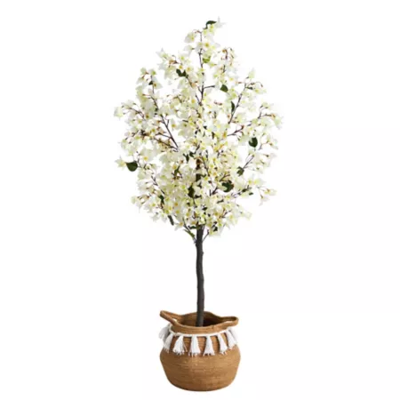 Nearly Natural 5ft Artificial Bougainvillea with Handmade Jute and Cotton Basket with Tassels White Artificial Plants & Flowers