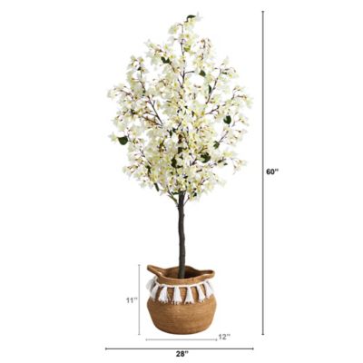 Image showing  5 ft. Artificial Bougainvillea Tree with Handmade Jute & Cotton Basket with Tassels, White