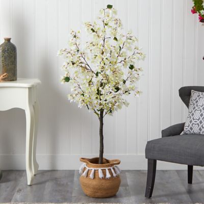 Image showing  5 ft. Artificial Bougainvillea Tree with Handmade Jute & Cotton Basket with Tassels, White