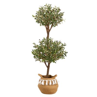 Nearly Natural 4.5 ft. Artificial Olive Double Topiary Tree with Handmade Jute and Cotton Basket with Tassels