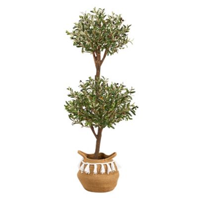 Image showing  4.5 ft. Artificial Olive Double Topiary Tree with Handmade Jute and Cotton Basket with Tassels