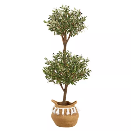 Nearly Natural 4.5 ft Artificial Double Olive Topiary Tree with Handmade Jute and Cotton Basket with Pom Poms Artificial Plants & Flowers