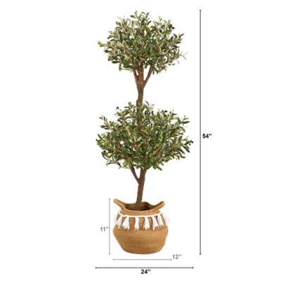 Image showing  4.5 ft. Artificial Olive Double Topiary Tree with Handmade Jute and Cotton Basket with Tassels