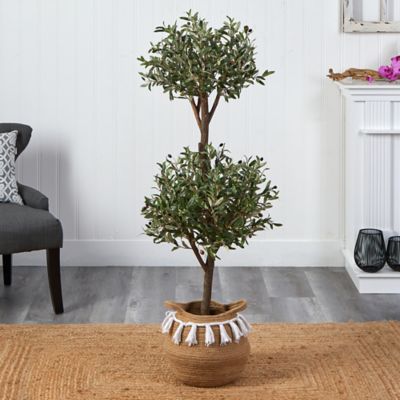 Image showing  4.5 ft. Artificial Olive Double Topiary Tree with Handmade Jute and Cotton Basket with Tassels