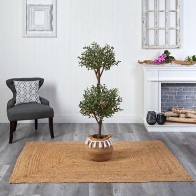Image showing  4.5 ft. Artificial Olive Double Topiary Tree with Handmade Jute and Cotton Basket with Tassels