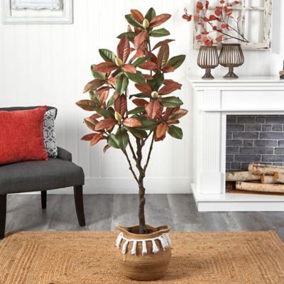 Image showing  5 ft. Artificial Fall Magnolia Tree with Handmade Jute and Cotton Basket with Tassels