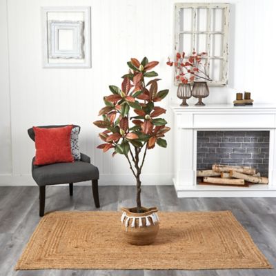 Image showing  5 ft. Artificial Fall Magnolia Tree with Handmade Jute and Cotton Basket with Tassels
