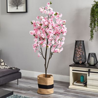 Image showing  6 ft. Artificial Cherry Blossom Tree with Handmade Jute and Cotton Basket