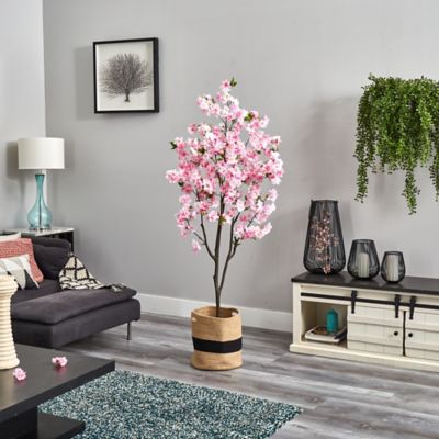 Image showing  6 ft. Artificial Cherry Blossom Tree with Handmade Jute and Cotton Basket