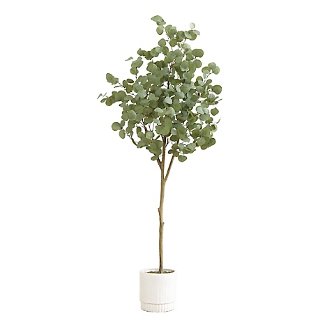 Nearly Natural 6 ft. Artificial Eucalyptus Tree with White Decorative Planter