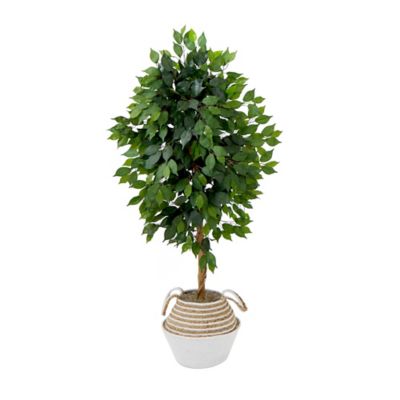 Nearly Natural 4.5 ft. Artificial Ficus Tree with Double Trunk in Handmade Cotton & Jute Basket DIY KIT