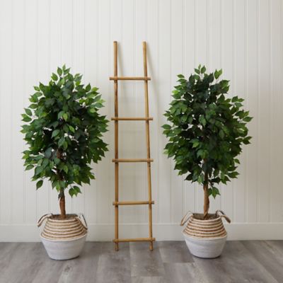 Image showing  4.5 ft. Artificial Ficus Tree with Double Trunk in Handmade Cotton & Jute Basket DIY KIT (Set of 2)