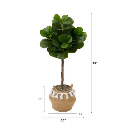 Image showing  4 ft. Artificial Fiddle Leaf Fig Tree with Handmade Jute & Cotton Basket with Tassels DIY KIT