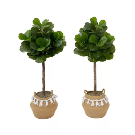 Nearly Natural 4' Artificial Fiddle Leaf Fig Tree with Handmade Jute and Cotton Basket with Tassels DIY KIT (Set of 2) Artificial Plants & Flowers