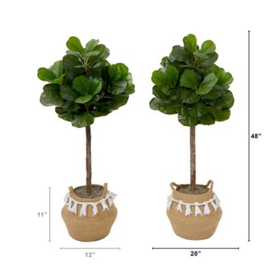 Image showing  4 ft. Artificial Fiddle Leaf Fig Tree with Handmade Jute & Cotton Basket with Tassels DIY KIT (Set of 2)