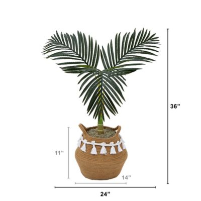 Image showing  3 ft. Artificial Golden Cane Palm Tree with Handmade Jute & Cotton Basket with Tassels DIY KIT