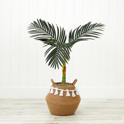 Image showing  3 ft. Artificial Golden Cane Palm Tree with Handmade Jute & Cotton Basket with Tassels DIY KIT