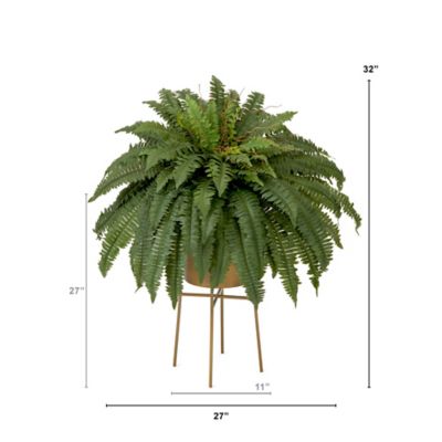 Image showing  32 in. Artificial Boston Fern Plant with Metal Planter with Stand DIY KIT
