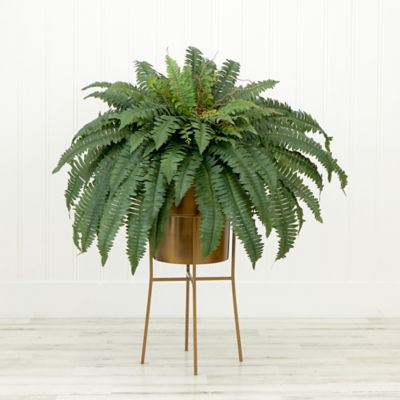 Image showing  32 in. Artificial Boston Fern Plant with Metal Planter with Stand DIY KIT