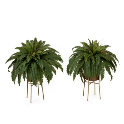 Nearly Natural 32 in. Artificial Boston Fern Plant with Metal Planter with Stand DIY KIT  (Set of 2)
