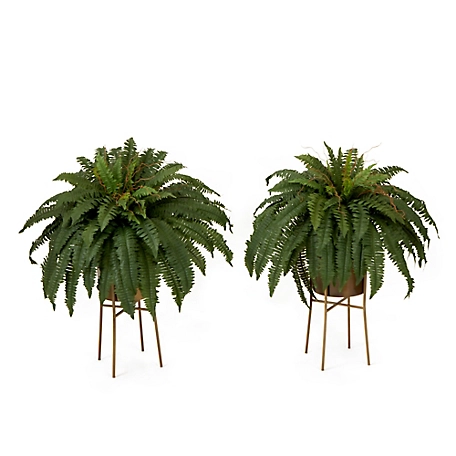 Nearly Natural 32 in. Artificial Boston Fern Plant with Metal Planter with Stand DIY KIT  (Set of 2)