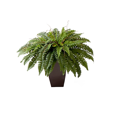 Nearly Natural 23 in. Artificial Boston Fern Plant with Tapered Bronze Square Metal Planter DIY KIT