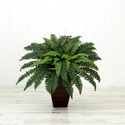 Image showing  23 in. Artificial Boston Fern Plant with Tapered Bronze Square Metal Planter DIY KIT
