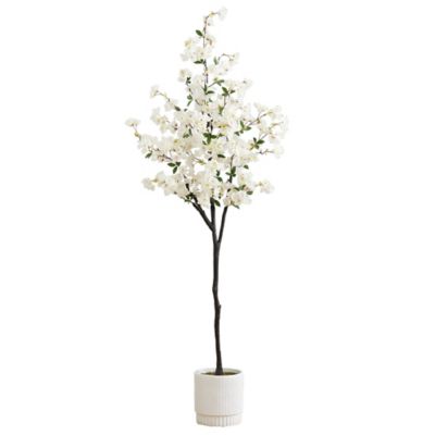 Nearly Natural 6 ft. Artificial Cherry Blossom Tree in White Decorative Planter