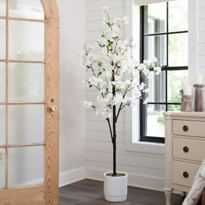 Image showing  6 ft. Artificial Cherry Blossom Tree in White Decorative Planter