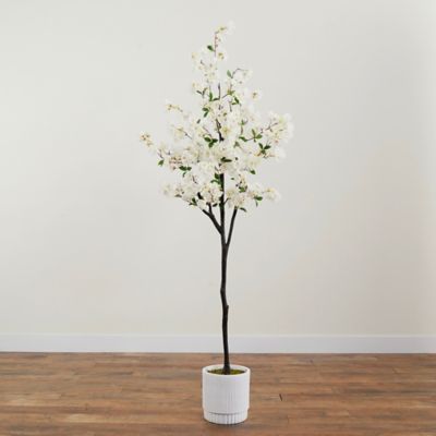 Image showing 7 th Nearly Natural 6 ft. Artificial Cherry Blossom Tree in White Decorative Planter
