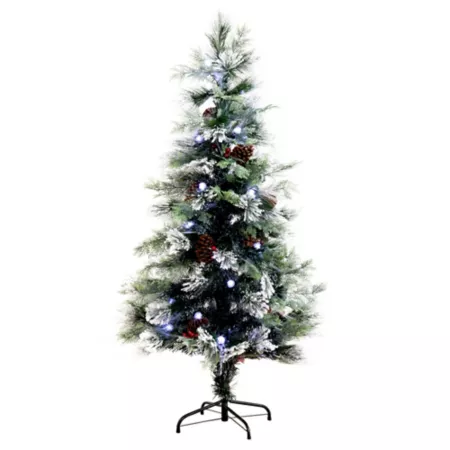 5' Pre-Lit Flocked Fiber Optic Artificial Christmas Tree with Nearly Natural Pine Cones and Berries with 48 White LED Lights Artificial Christmas Trees