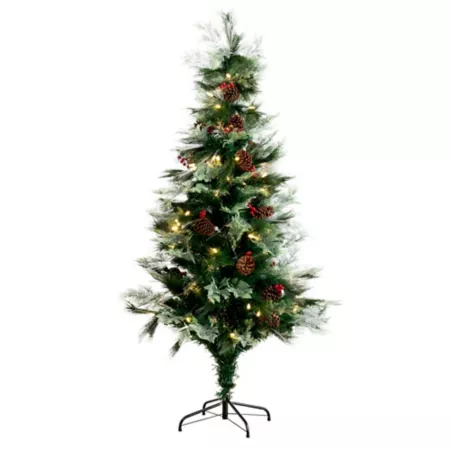 6 Feet Pre-Lit Fiber Optic Artificial Christmas Tree with Pine Cones and Berries Nearly Natural with 64 Warm White LED Lights Artificial Christmas Trees