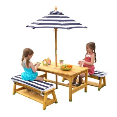 Image showing  Outdoor Wooden Table & Benches with Cushions & Umbrella