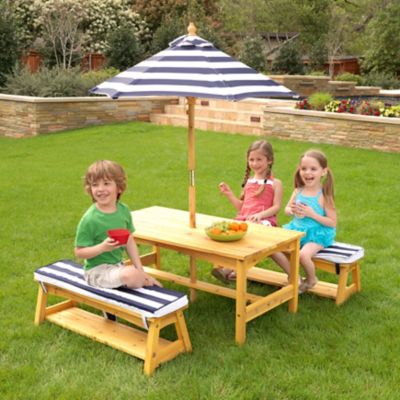Image showing  Outdoor Wooden Table & Benches with Cushions & Umbrella
