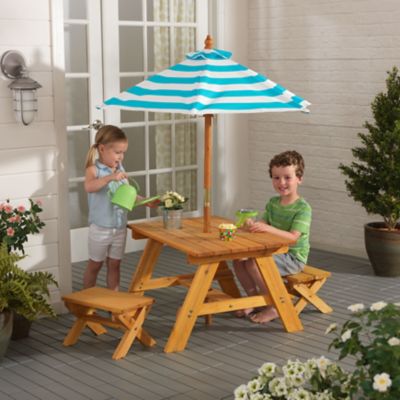 Image showing  4 pc. Outdoor Wooden Table and Bench Set with Rectangular Table, Striped Umbrella