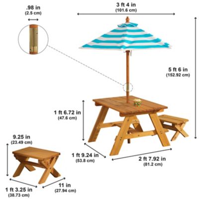 Image showing  4 pc. Outdoor Wooden Table and Bench Set with Rectangular Table, Striped Umbrella
