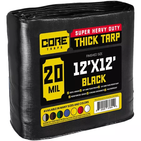 Core Tarps Heavy Duty Polyethylene Tarp Waterproof UV Resistant Rip Resistant 12 ft x 12 ft 20 Mil Black Tarps