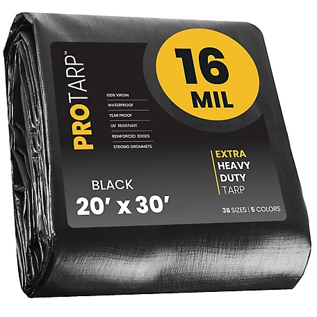 Protarp Polyethylene Heavy Duty 16 Mil Tarp, Waterproof, UV Resistant, Rip and Tear Proof, 20 x 30 Black, PT-106-20X30