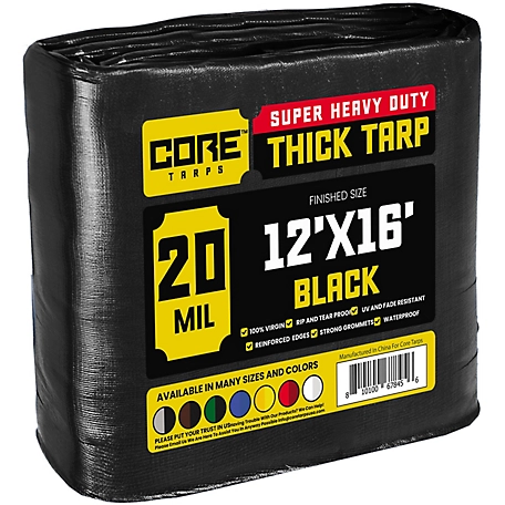 Core Tarps Polyethylene Heavy Duty 20 Mil Tarp, Waterproof, UV Resistant, Rip and Tear Proof, 12 x 16 Black, CT-706-12x16