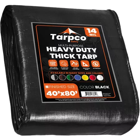 Tarpco Heavy Duty 14 Mil Polyethylene Safety Tarp Waterproof UV Resistant Tear Resistant 40x80 Black TS-106-40X80 Tarps