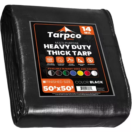 Tarpco Heavy Duty 14 Mil Polyethylene Safety Tarp Waterproof UV Resistant Tear Resistant 50x50 Black TS-106-50X50 Tarps