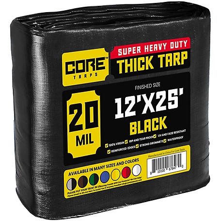 Core Tarps Polyethylene Heavy Duty 20 Mil Tarp, Waterproof, UV Resistant, Rip and Tear Proof, 12 x 25 Black, CT-706-12x25