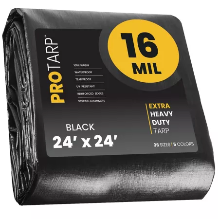 Protarp Heavy Duty Polyethylene Tarp Waterproof UV Resistant Tear Proof 24 ft x 24 ft 16 Mil Black Tarps