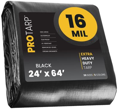 Protarp Polyethylene Heavy Duty 16 Mil Tarp, Waterproof, UV Resistant, Rip and Tear Proof, 24 x 64 Black, PT-106-24X64