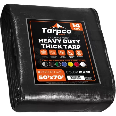 Tarpco Heavy Duty 14 Mil Polyethylene Safety Tarp Waterproof UV Resistant Tear Resistant 50x70 Black TS-106-50X70 Tarps