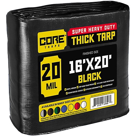 Core Tarps Polyethylene Heavy Duty 20 Mil Tarp, Waterproof, UV Resistant, Rip and Tear Proof, 16 x 20 Black, CT-706-16x20