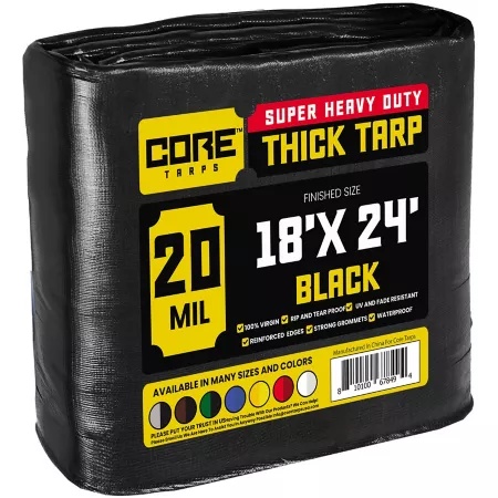 Core Tarps Heavy Duty Polyethylene Tarp Waterproof UV Resistant Rip Resistant 18 ft x 24 ft 20 Mil Black Tarps