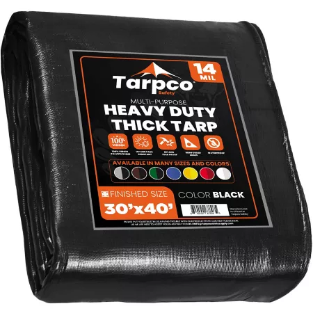 Tarpco Security 30 x 40 feet Heavy Duty Polyethylene Tarp Waterproof UV Resistant Tear Resistant 14 Mil Black Tarps